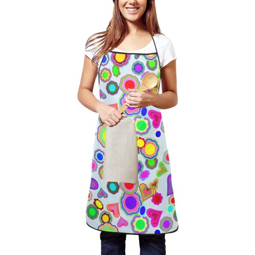 Groovy Hearts and Flowers Blue Women's Overlock Apron with Pocket