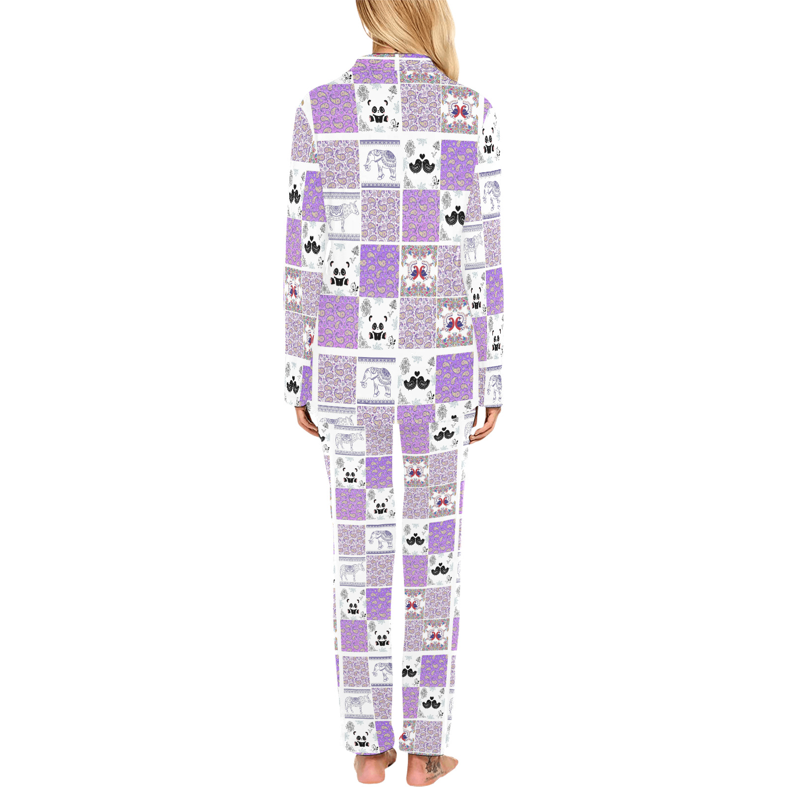 Purple Paisley Birds and Animals Patchwork Design Women's Long Pajama Set
