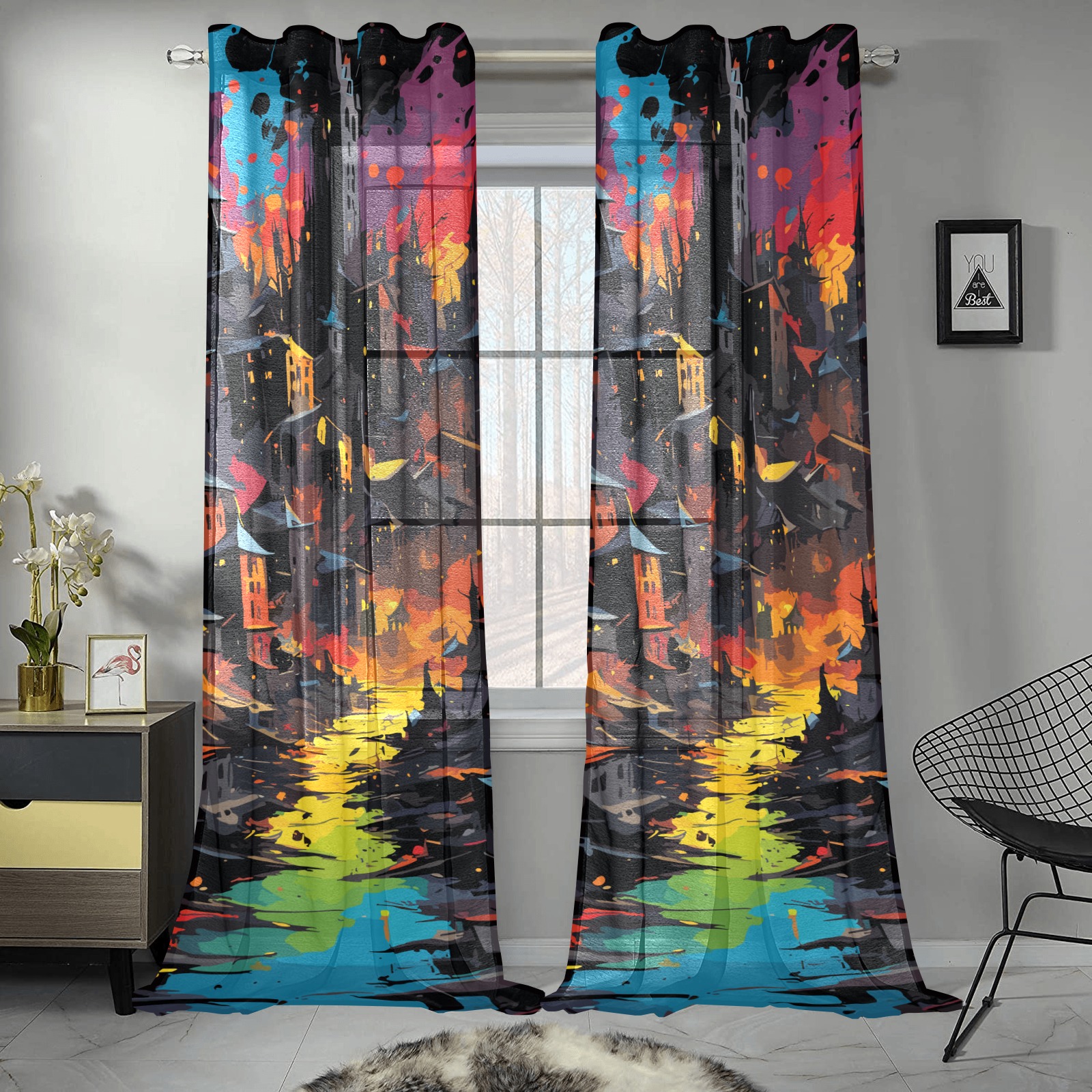 Dark fantasy city. Buildings and colors on black Gauze Curtain 28"x95" (Two-Piece)