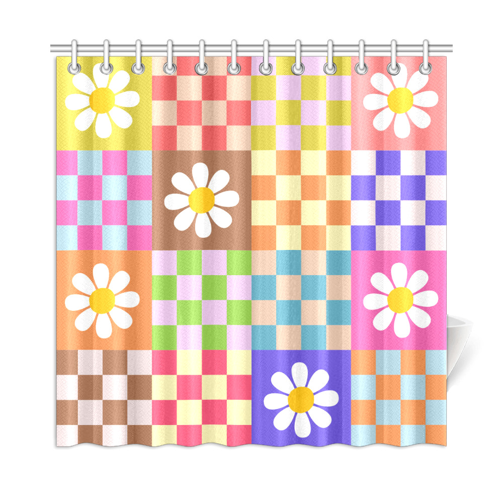 Mid Century Geometric Checkered Retro Floral Daisy Flower Pattern Shower Curtain 72"x72"