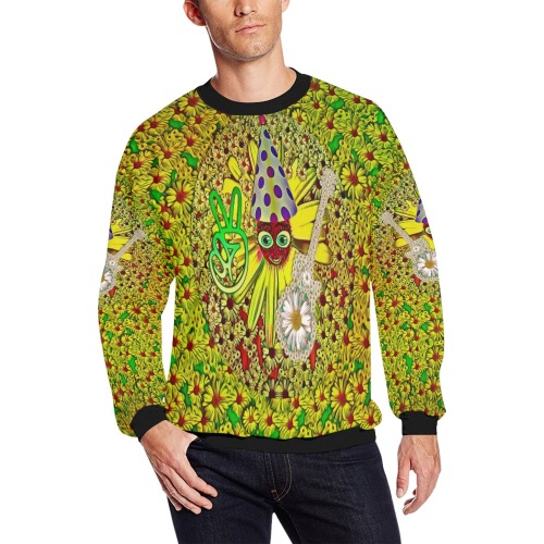 festive peace loving cartoon with a guitar Men's Oversized Fleece Crew Sweatshirt (Model H18)
