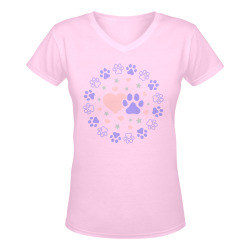 Pink and Purple Dog Cat Pet Lovers Hearts and Stars Paw Print Design Women's Deep V-neck T-shirt (Model T19)