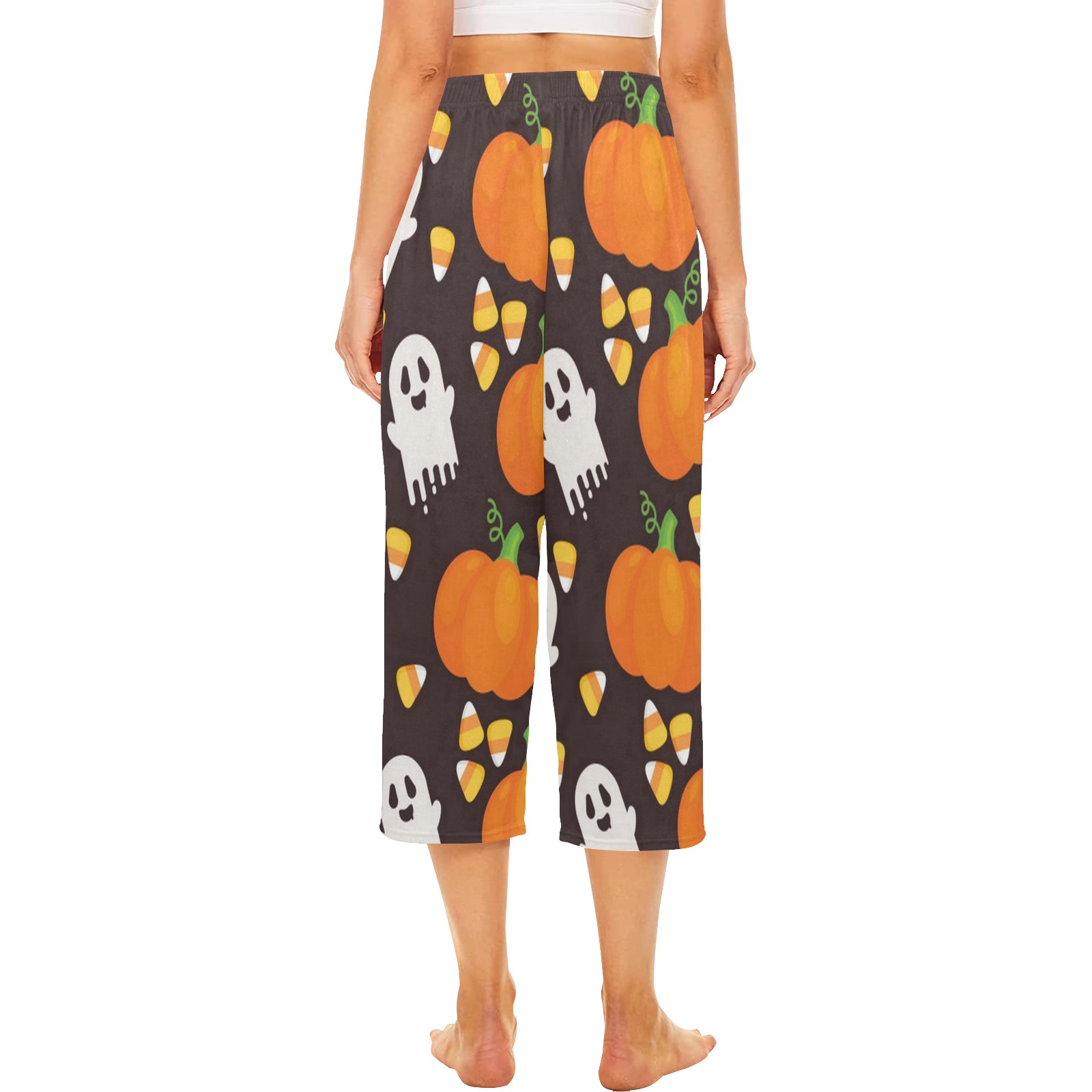 Pumpkins, Candy Corn, Ghosts Cropped Pajama Pants (Model L66)
