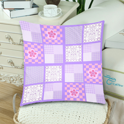 Pink and Purple Patchwork Design Custom Zippered Pillow Cases 18"x 18" (Twin Sides) (Set of 2)