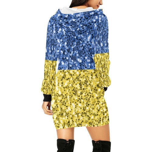 Blue yellow Ukraine flag glitter faux sparkles All Over Print Hoodie Mini Dress (Model H27)