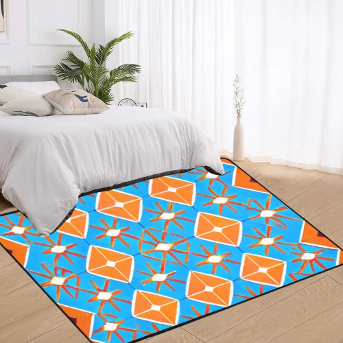 geometric pattern, repeating pattern, sky blue and orange Area Rug with Black Binding 7'x5'