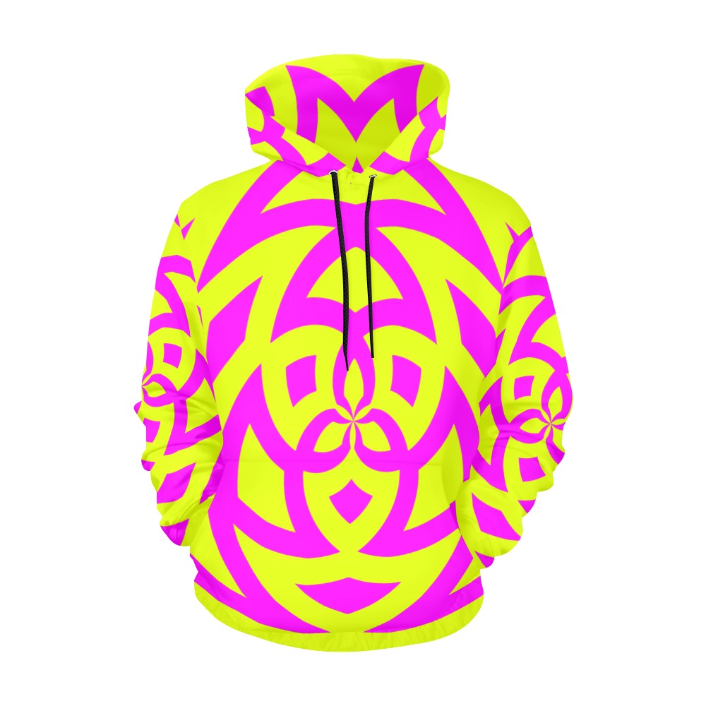 Waterbug Gym Fit Pattern Chartreuse Yellow Real Magenta All Over Print Hoodie for Women (USA Size) (Model H13)