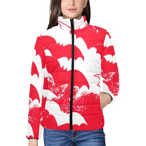 White Bats In Flight Red Women's Stand Collar Padded Jacket (Model H41)