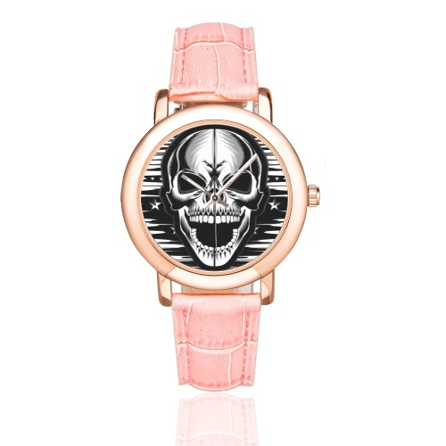 Skull Pink Band Wrist Watch Women's Rose Gold Leather Strap Watch(Model 201)