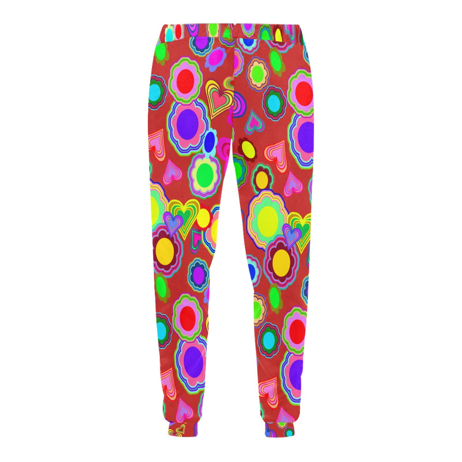 Groovy Hearts and Flowers Red Unisex Casual Sweatpants (Model L11)