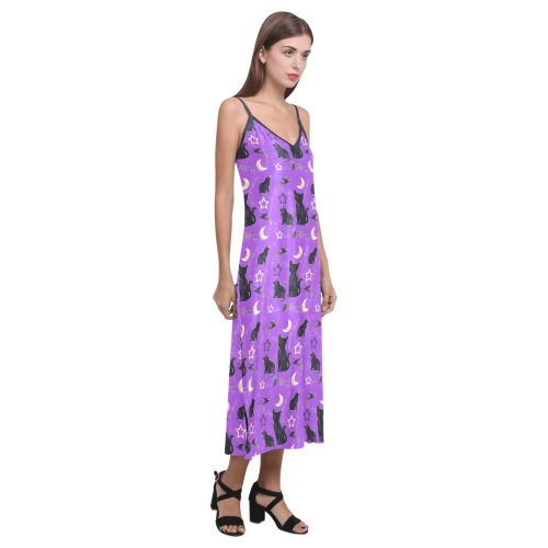 Painted Cats and Witch Hats V-Neck Open Fork Long Dress(Model D18)