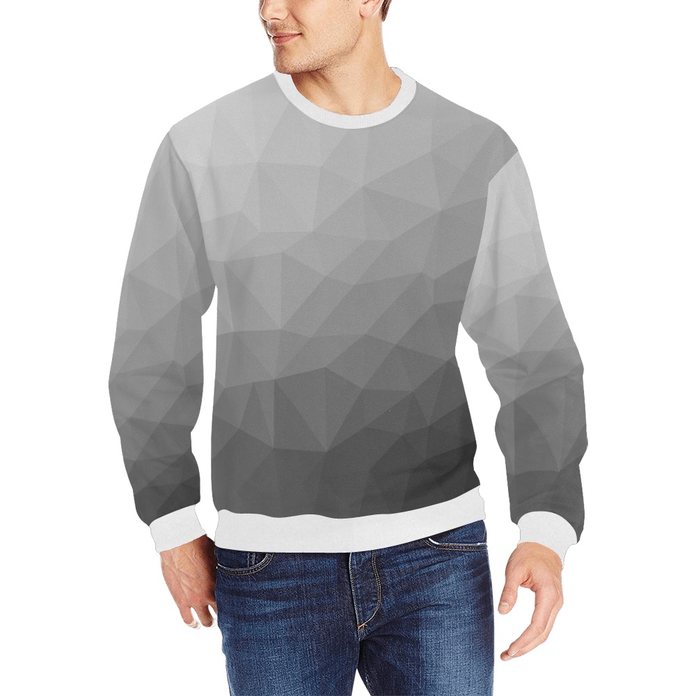 Grey Gradient Geometric Mesh Pattern Men's Rib Cuff Crew Neck Sweatshirt (Model H34)