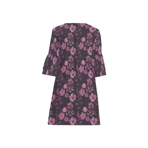 Pink-Purple Floral Vintage Half Sleeves V-Neck Mini Dress (Model D63)