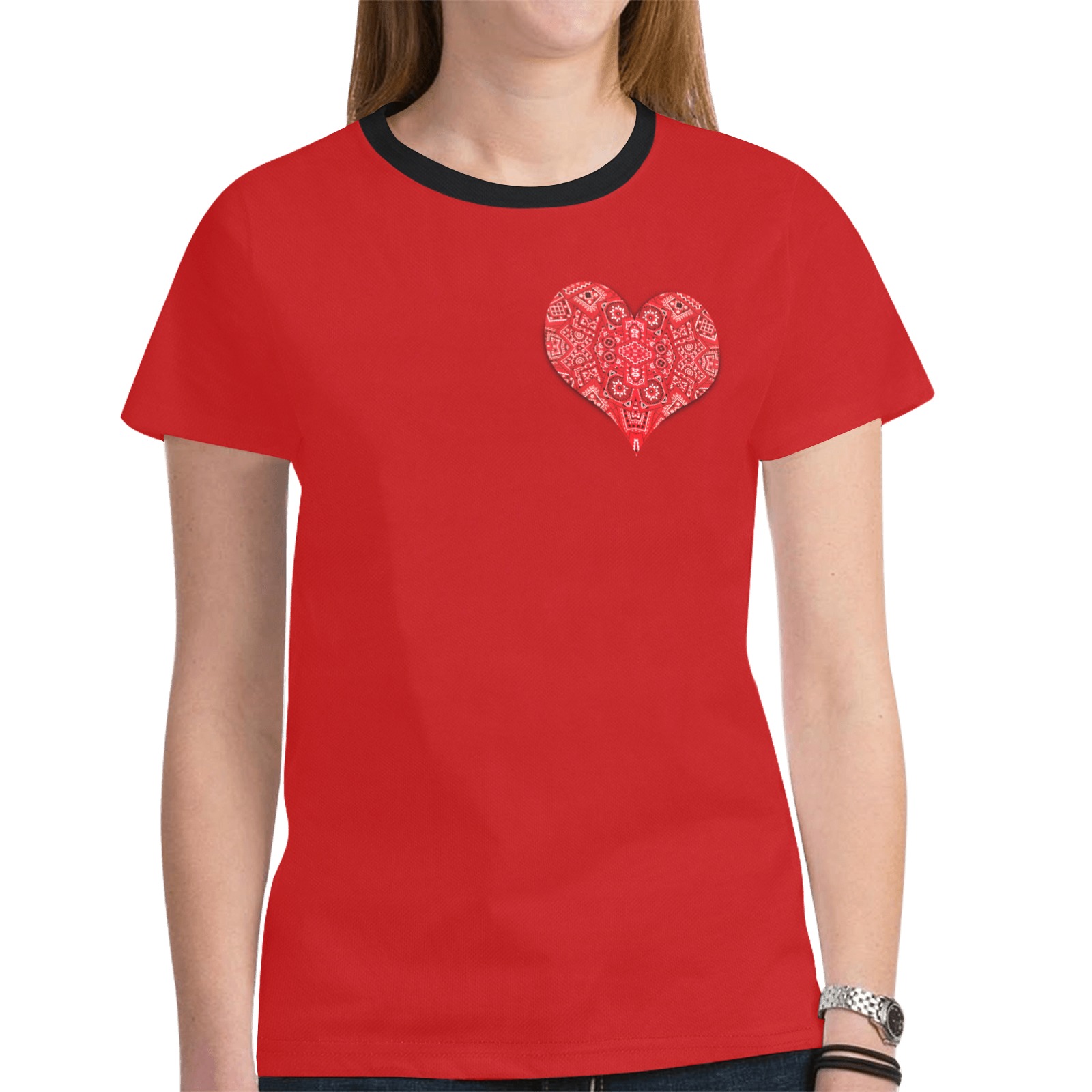 Bandana Heart on Red New All Over Print T-shirt for Women (Model T45)
