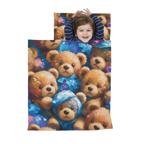 Toy teddy bears, blue ribbons, flowers cool art. Kids' Sleeping Bag