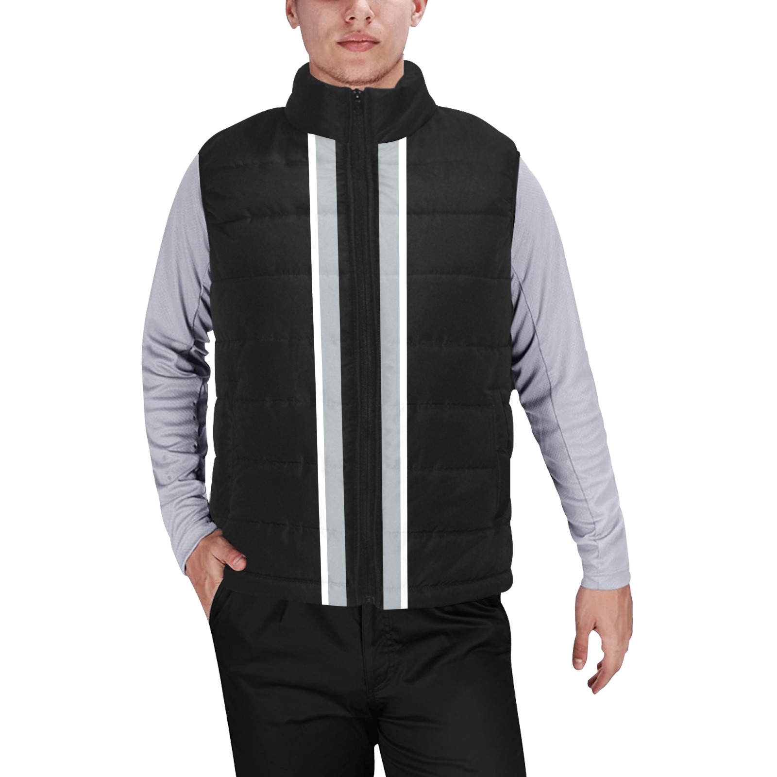 Black and Silver Racing Stripe Black Men's Padded Vest Jacket (Model H44)
