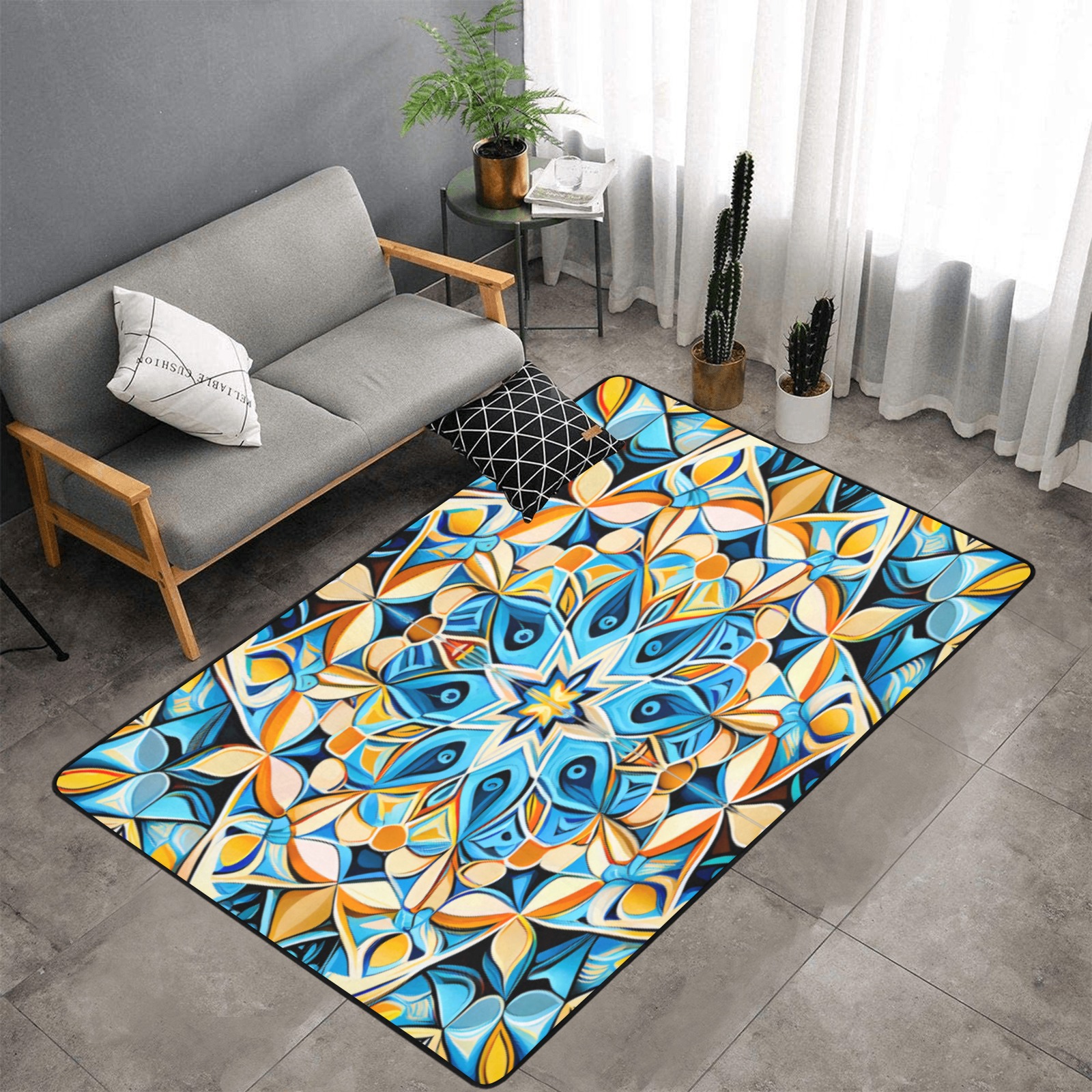 intricate geometric pattern, sky blue and yellow Area Rug with Black Binding 7'x5'
