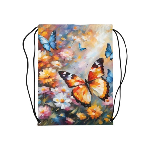 Beautiful butterflies and colorful flowers art Medium Drawstring Bag Model 1604 (Twin Sides) 13.8"(W) * 18.1"(H)