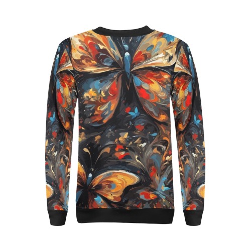 Yellow butterflies against the black background. All Over Print Crewneck Sweatshirt for Women (Model H18)