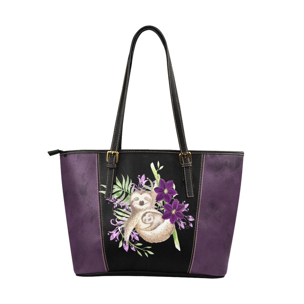 Purple flower Sloth Leather tote Leather Tote Bag/Large (Model 1640)