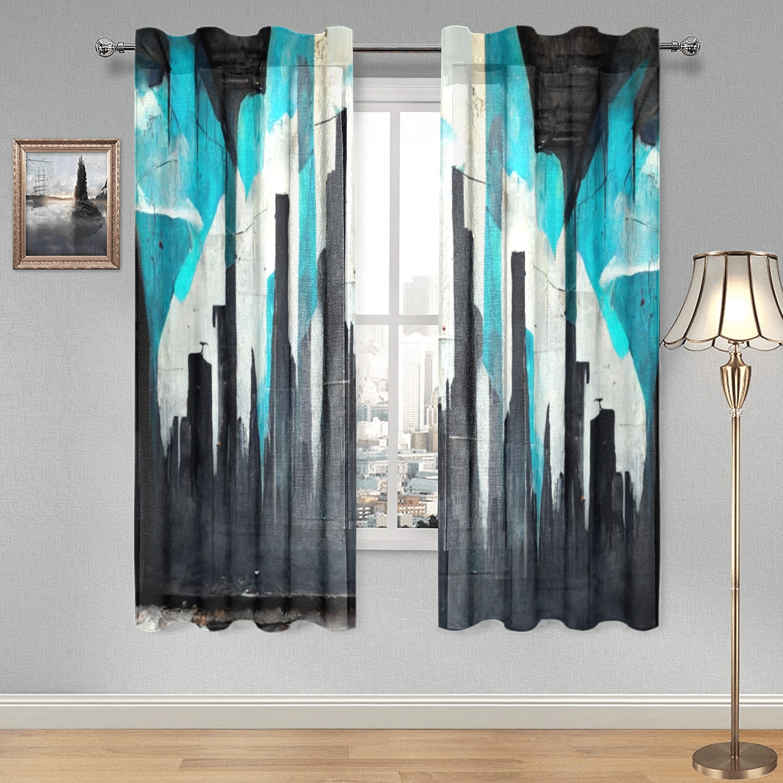 graffiti building's turquoise and black Gauze Curtain 28"x63" (Two-Piece)