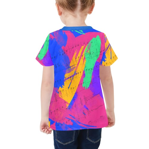 Groovy Paint Brush Strokes with Music Notes Little Girls' All Over Print Crew Neck T-Shirt (Model T40-2)