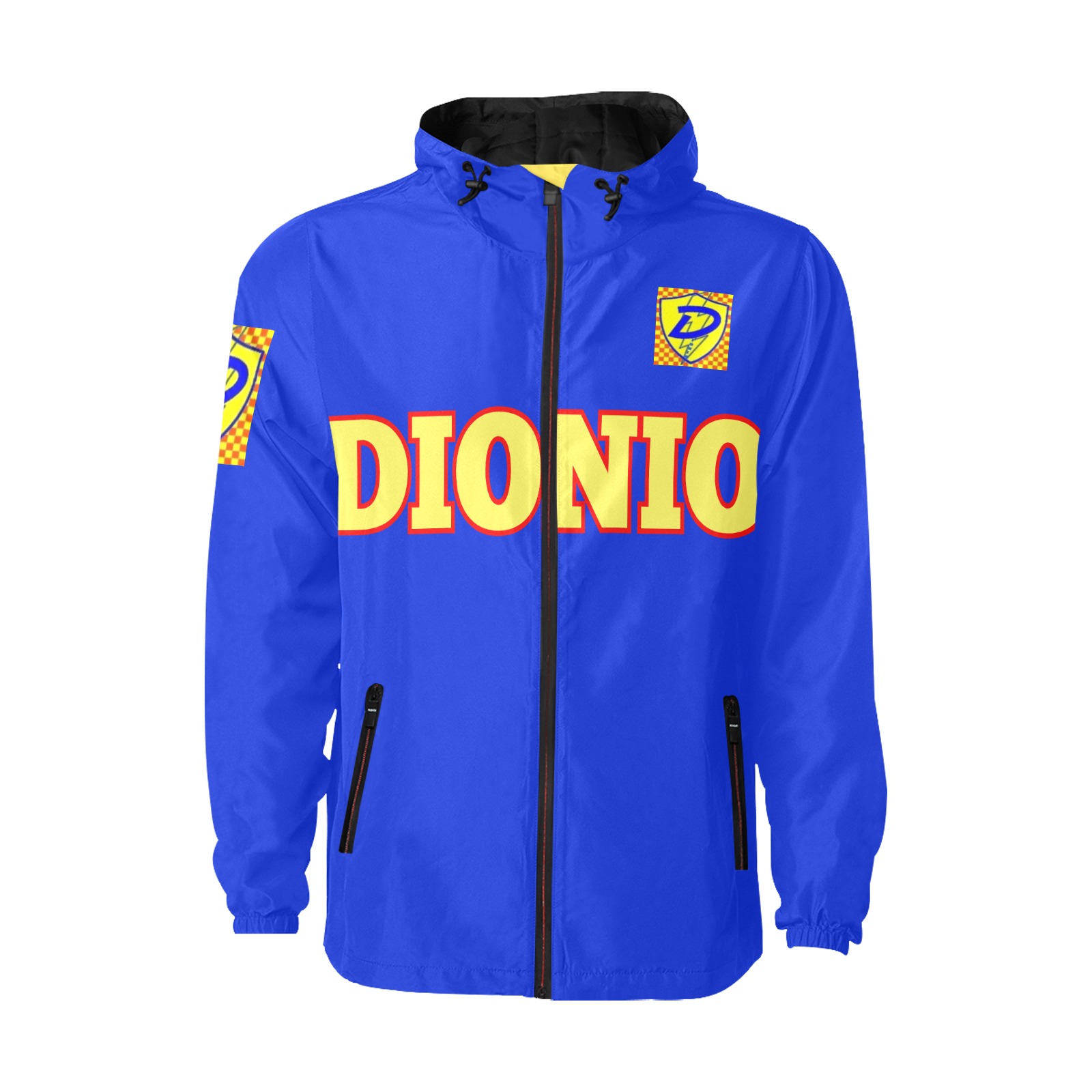 DIONIO Clothing - Blue Quilted windbreaker (Yellow ,Red & Blue Grand Prix Shield Logo) All Over Print Quilted Windbreaker for Men (Model H35)