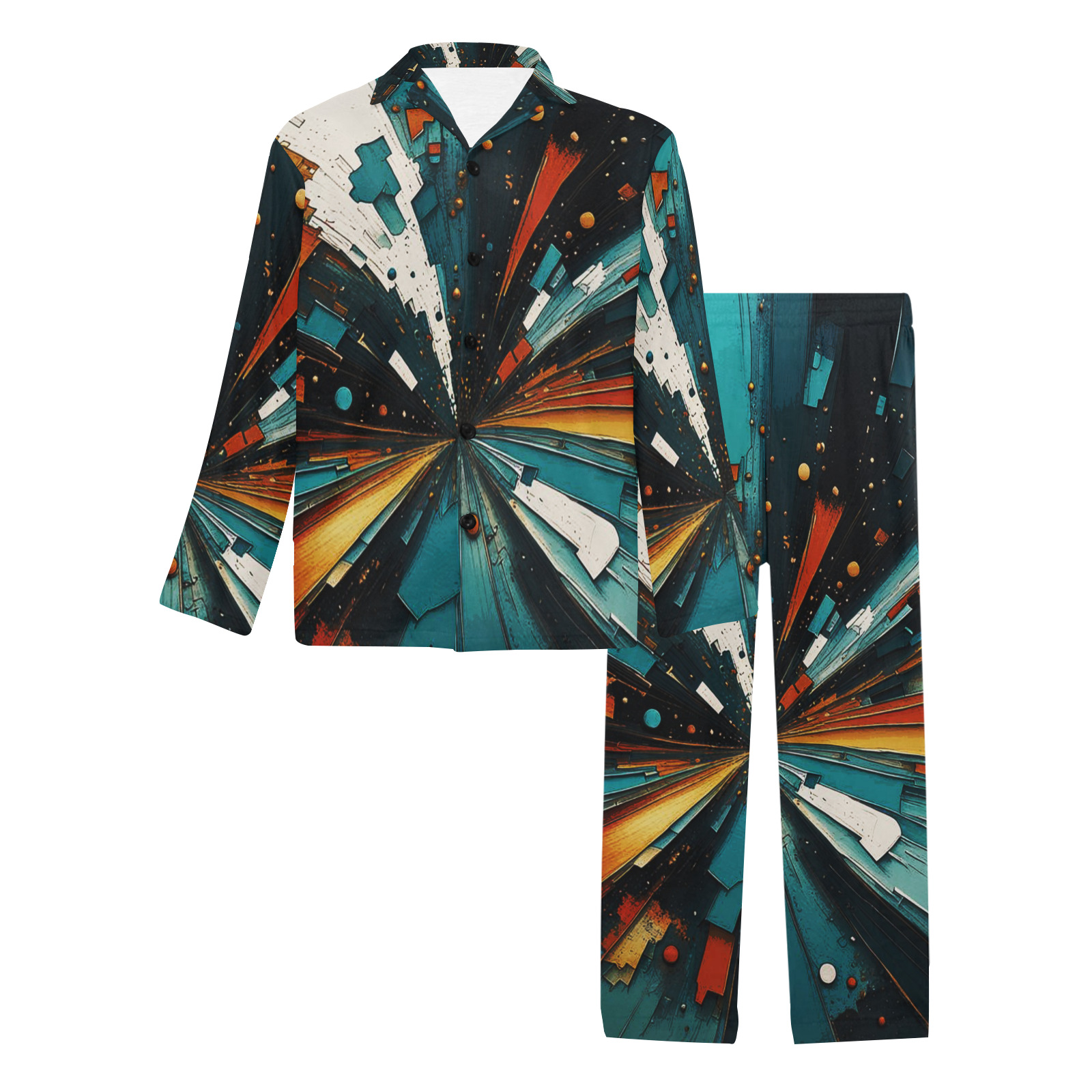 Abstract Blue And Orange 607 Men's V-Neck Long Pajama Set