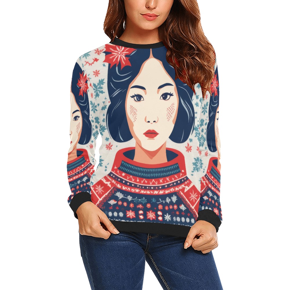 Amazing Japanese girl in sweater, winter snow art. All Over Print Crewneck Sweatshirt for Women (Model H18)
