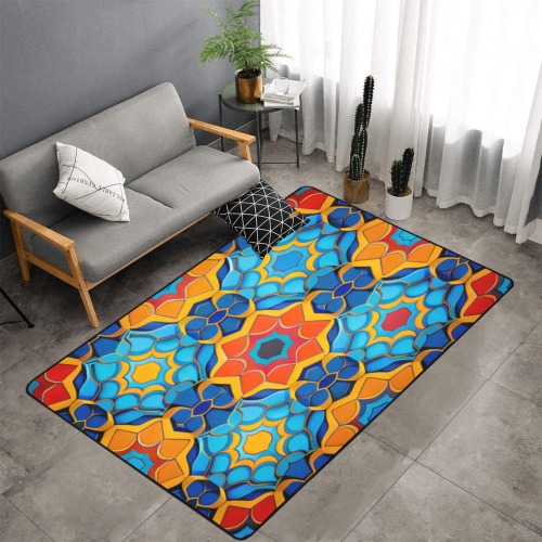 repeating pattern, blue and orange Area Rug with Black Binding 7'x5'