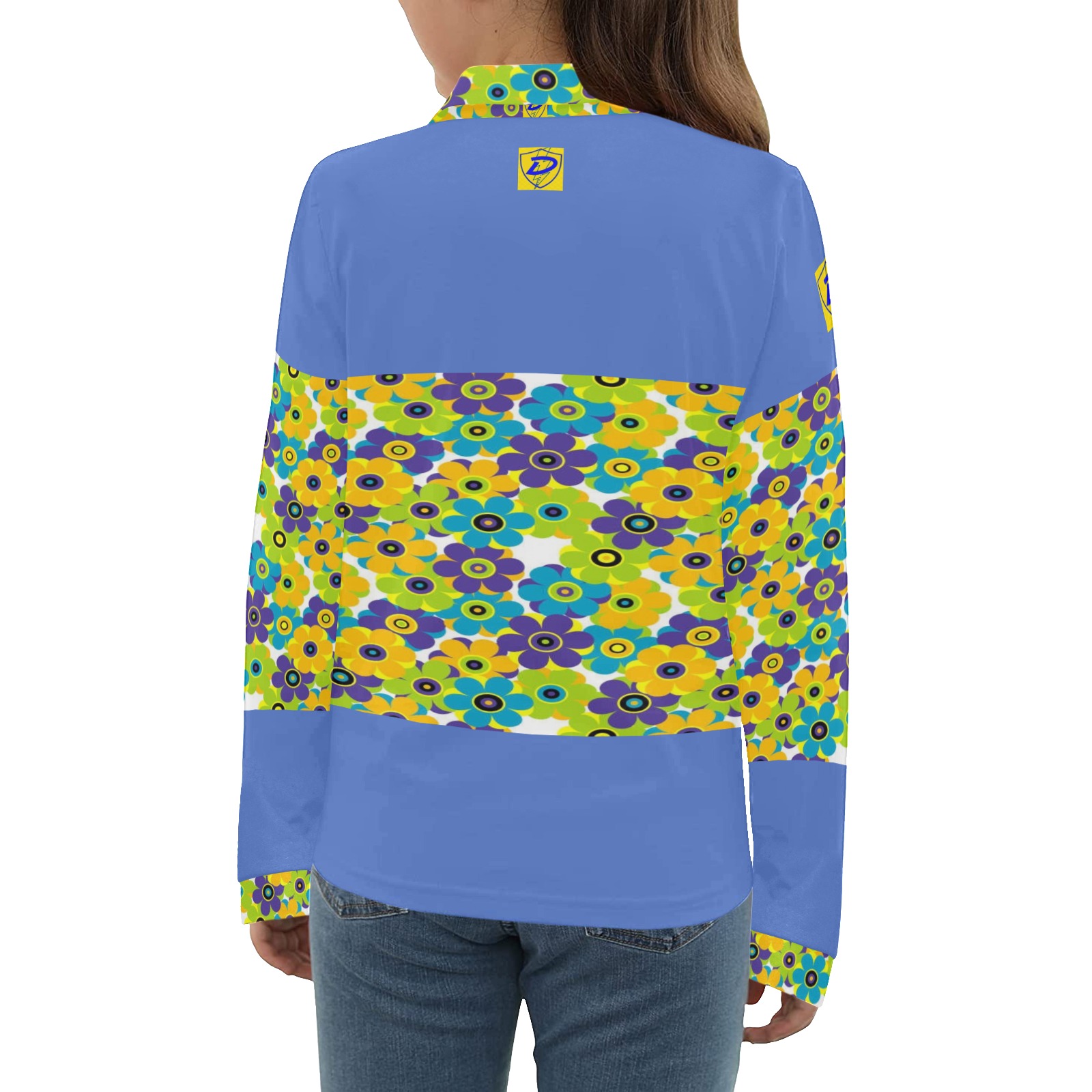DIONIO Clothing - Ladies Long Sleeve Polo Shirt (Blue Flowers Blue & Yellow Logo) Big Girls' All Over Print Long Sleeve Polo Shirt (Model T73)