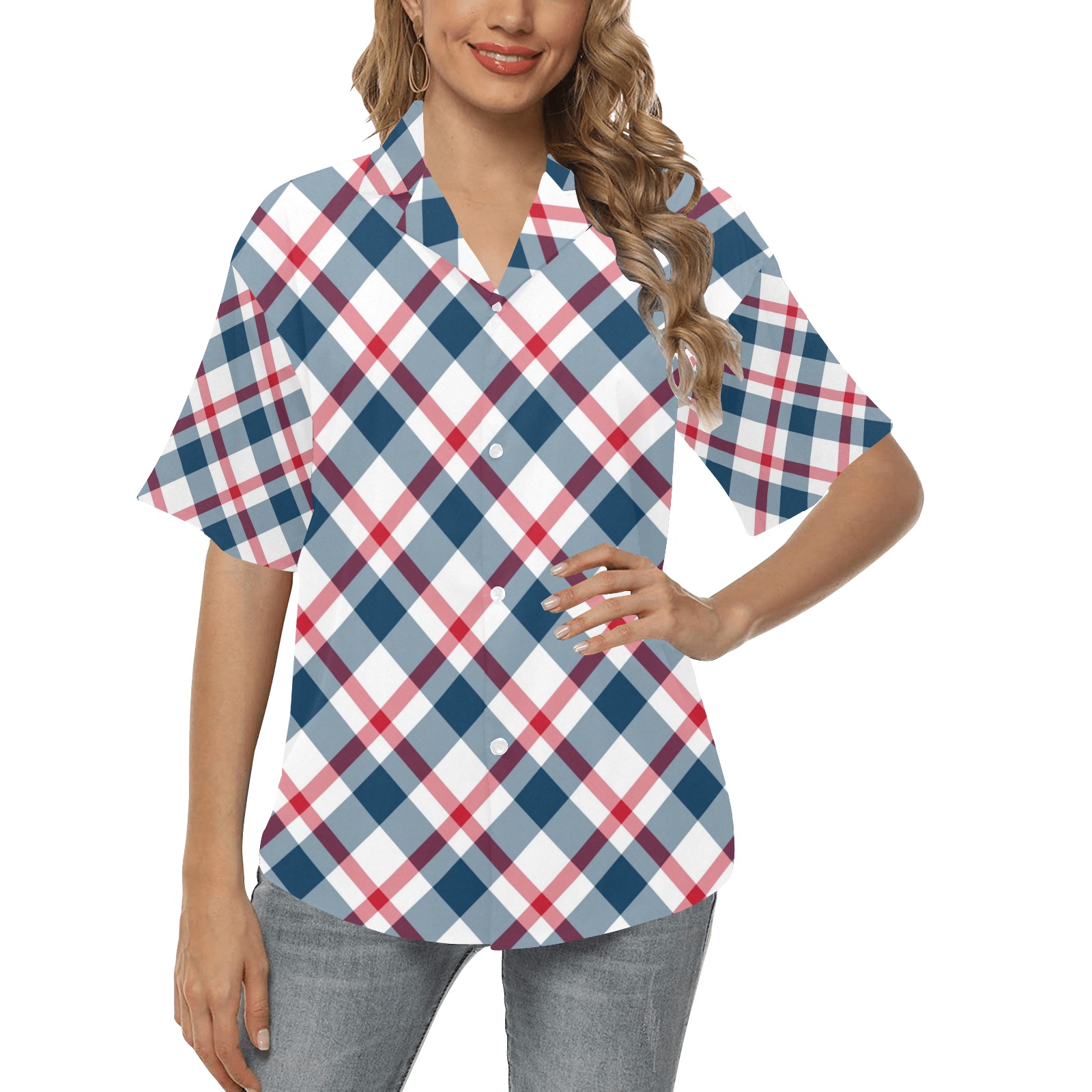 Simple Red, White and Blue Plaid All Over Print Hawaiian Shirt for Women (Model T58)