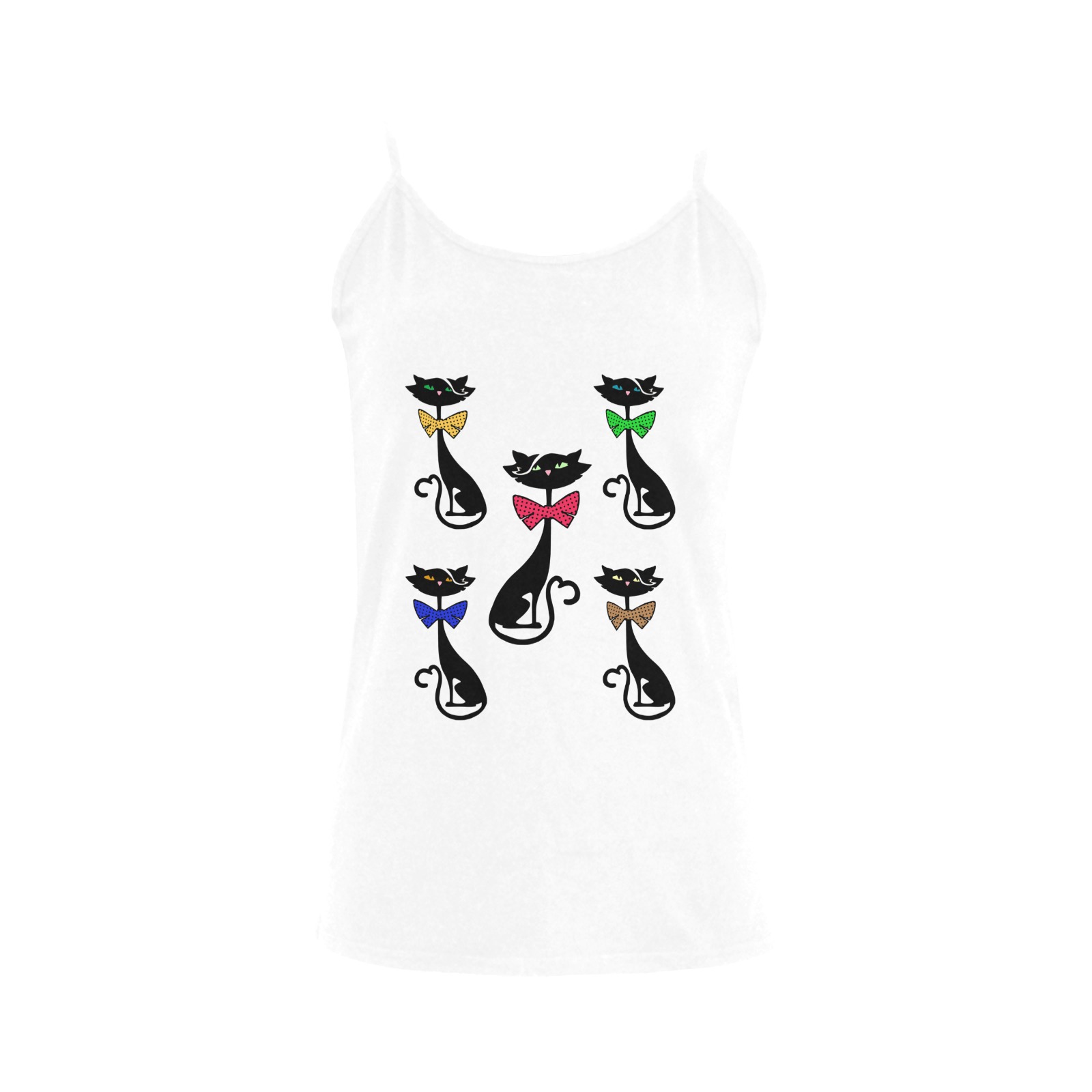 Black Cat with Bow Ties White Women's Spaghetti Top (USA Size) (Model T34)
