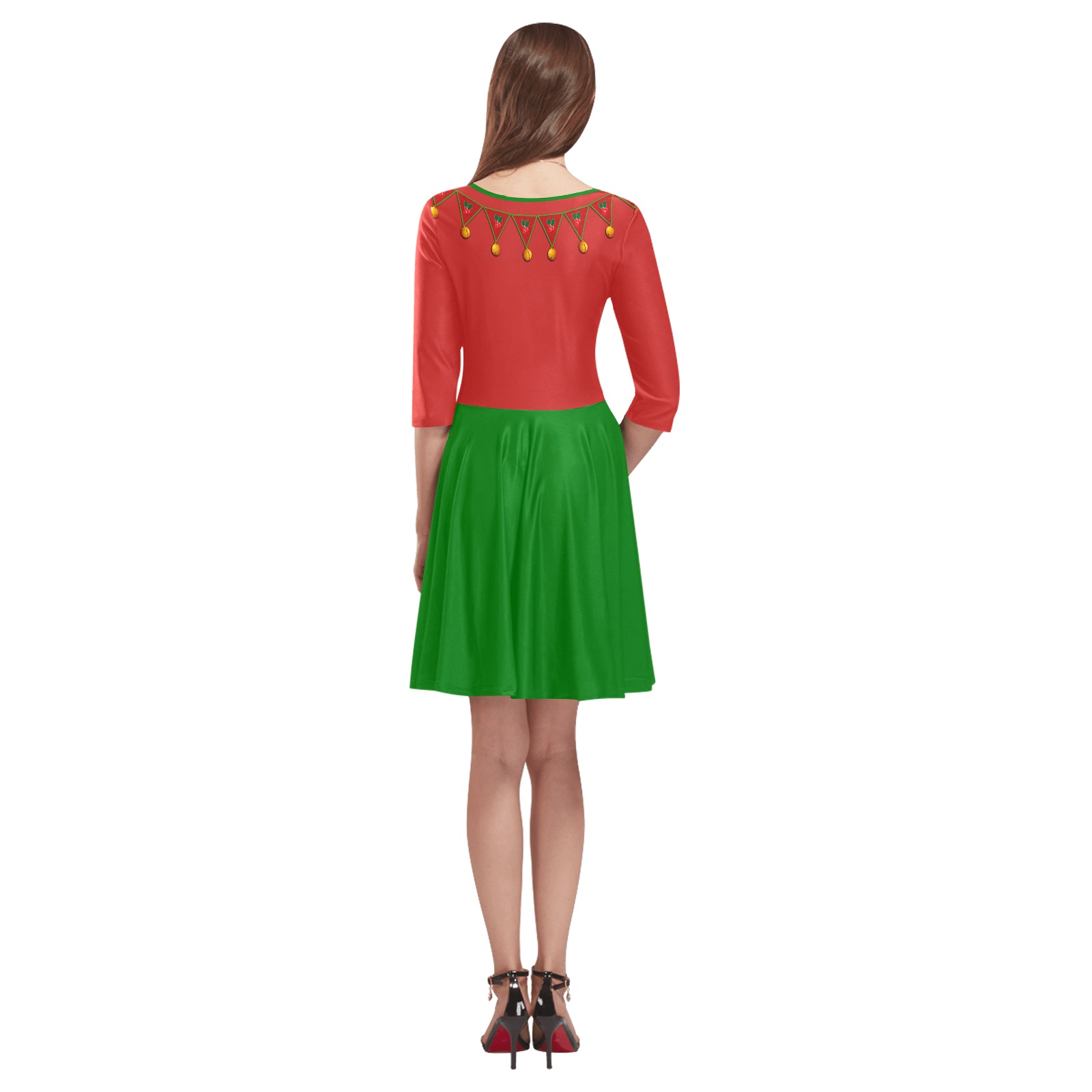 Red Green Elf Costume Tethys Half-Sleeve Skater Dress(Model D20)