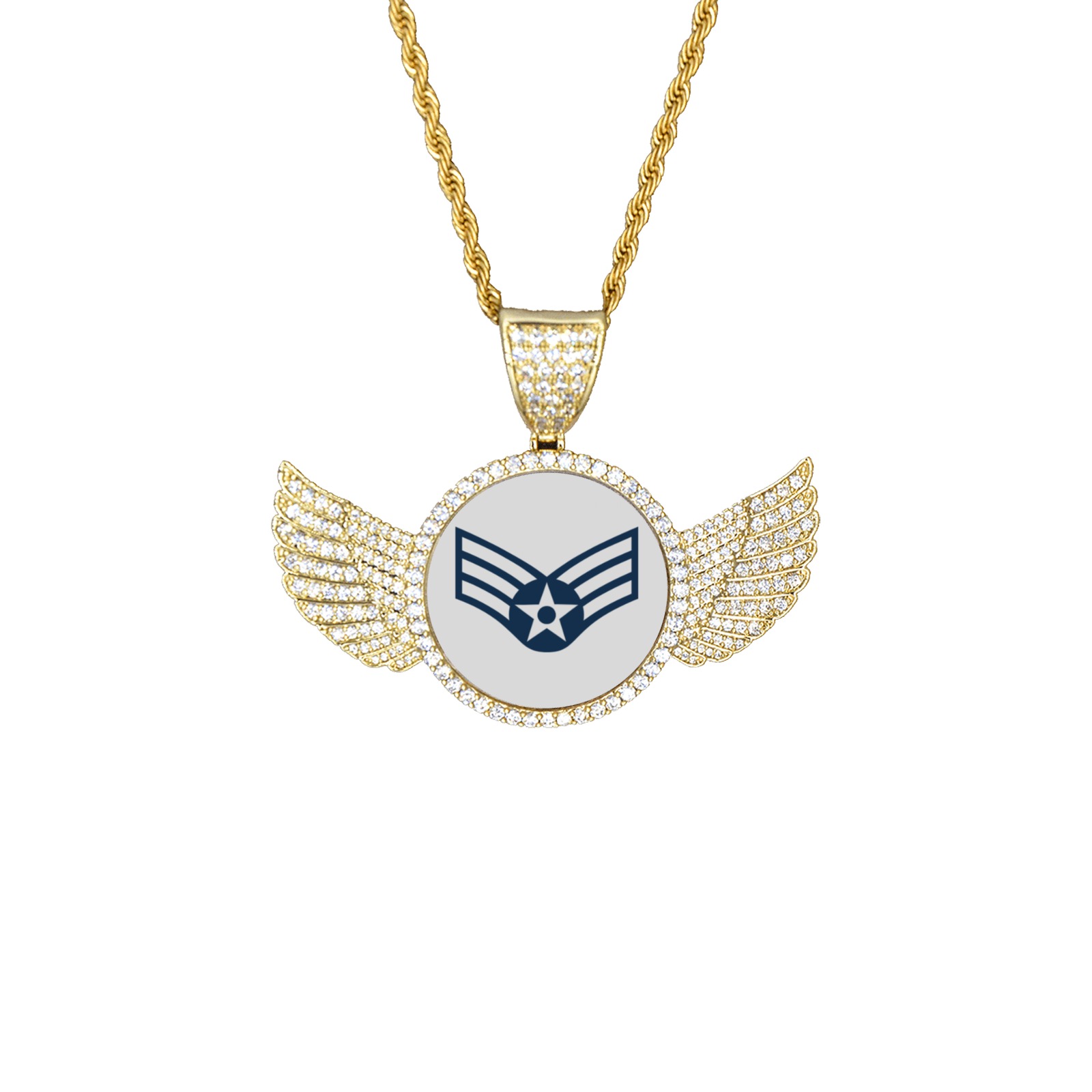 Senior Airman USAF Wings Gold Photo Pendant with Rope Chain