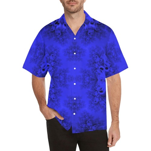 Midnight Blue Gardens Frost Fractal Hawaiian Shirt with Merged Design (Model T58)