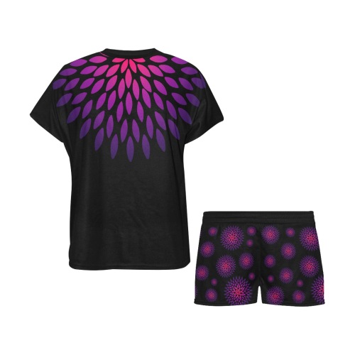 Ô Pink and Violet Zinnia on Black Women's Short Pajama Set