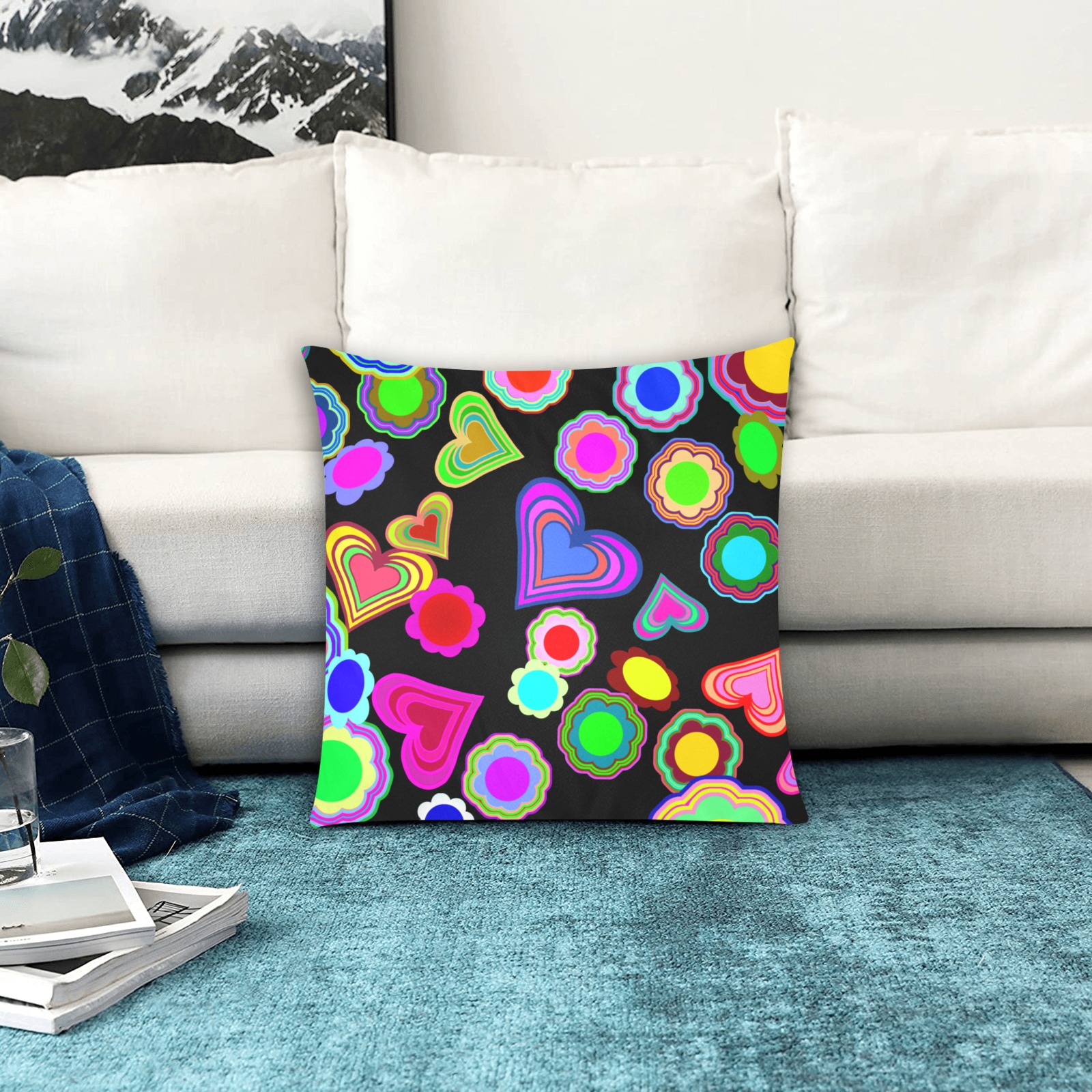 Groovy Hearts and Flowers Black Custom Zippered Pillow Cases 18"x18" (Two Sides)