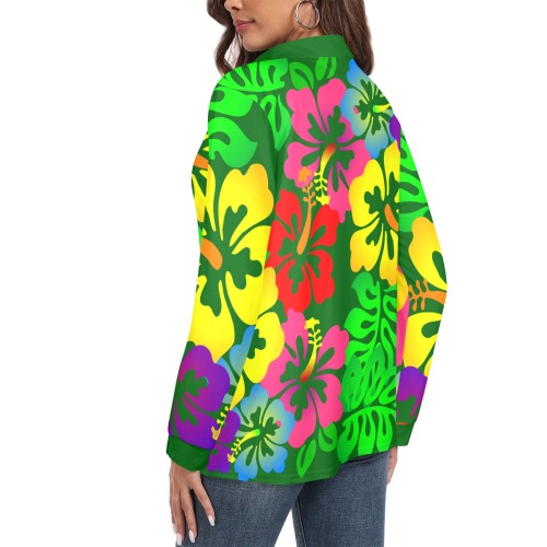 Hibiscus Hawaiian Flowers / Green Women's Long Sleeve Polo Shirt (Model T73)
