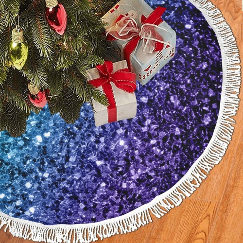 Aqua blue ombre faux glitter sparkles Thick Fringe Christmas Tree Skirt 48"x48"