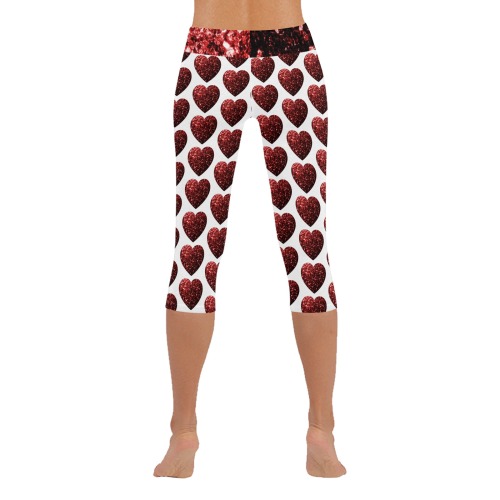 Red sparkles heart faux glitter Valentines Day love pattern on white Women's Low Rise Capri Leggings (Invisible Stitch) (Model L08)