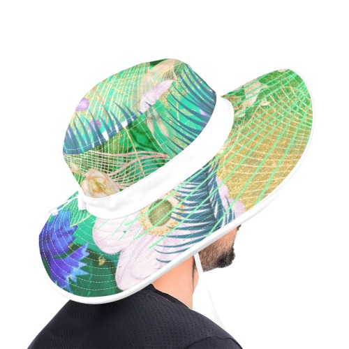 White Orchid Blue Ferns Safari Hat Wide Brim Bucket Hat