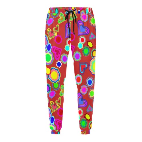 Groovy Hearts and Flowers Red Unisex Casual Sweatpants (Model L11)