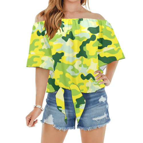 Streetwear Fashion Military Modern Army Camouflage Off Shoulder Knot Front Blouse (Model T71)