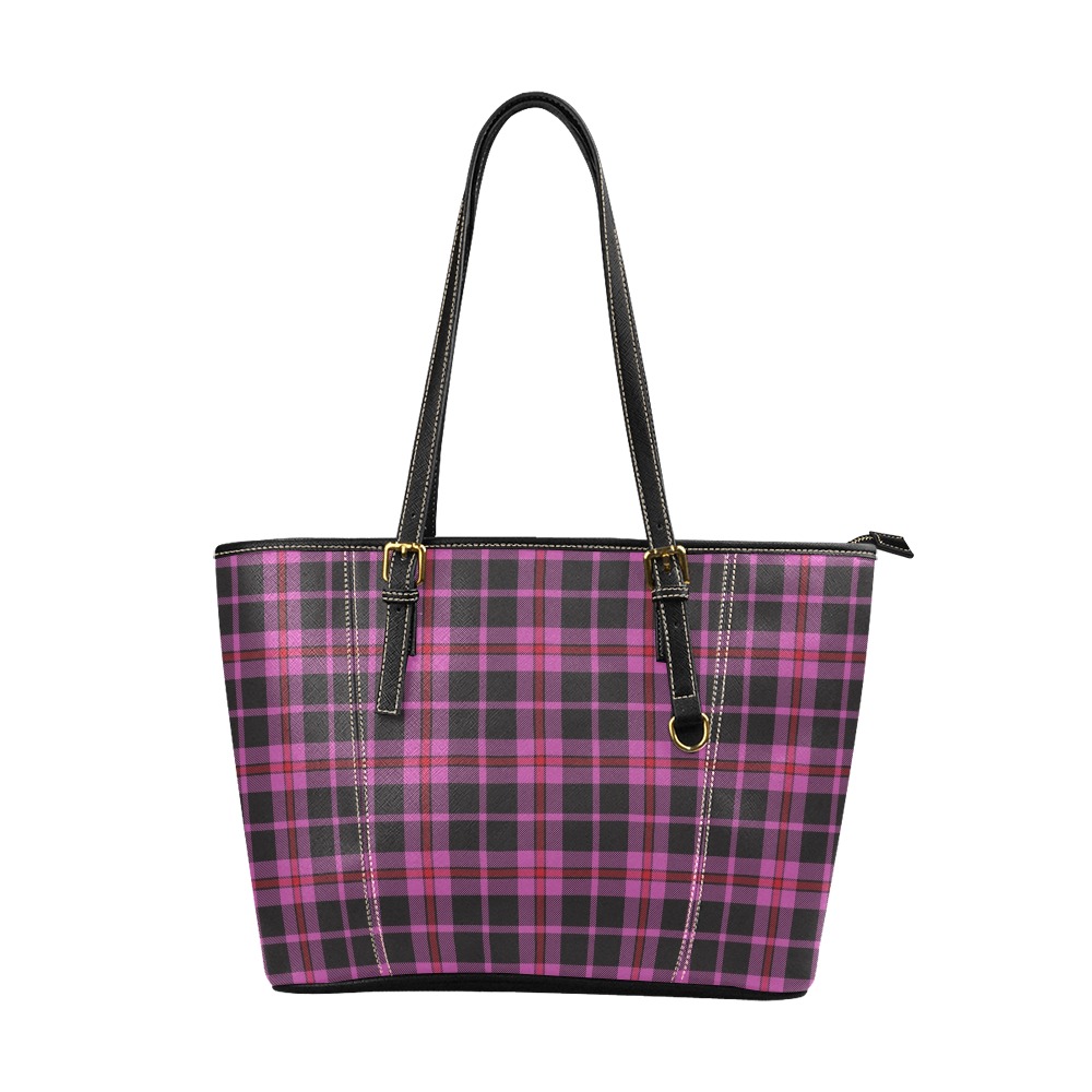 Pink and Black Flag Tartan Bag Leather Tote Bag/Large (Model 1640)