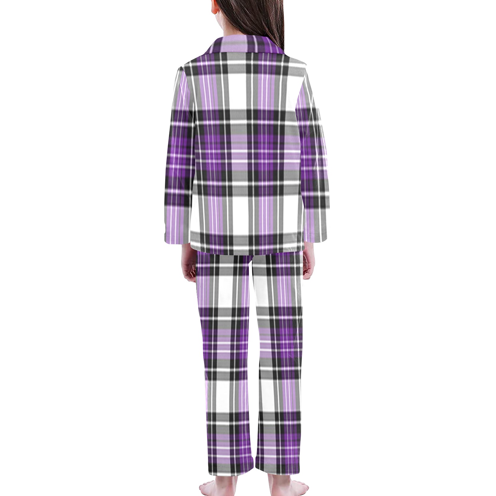 Purple Black Plaid Big Girls' V-Neck Long Pajama Set