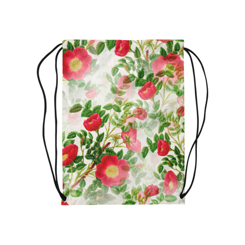 Vintage Red Floral Blossom Medium Drawstring Bag Model 1604 (Twin Sides) 13.8"(W) * 18.1"(H)