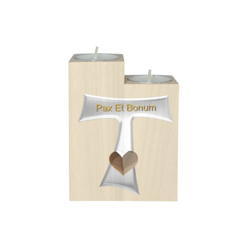Franciscan Tau Cross Pax Et Bonum Silver Metallic Wooden Candle Holder (Without Candle)