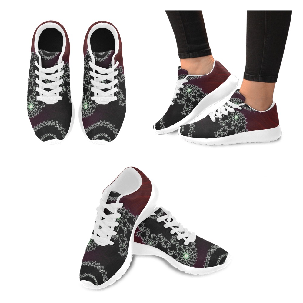 Black and White Lace on Maroon Velvet Fractal Abstract Women’s Running Shoes (Model 020)