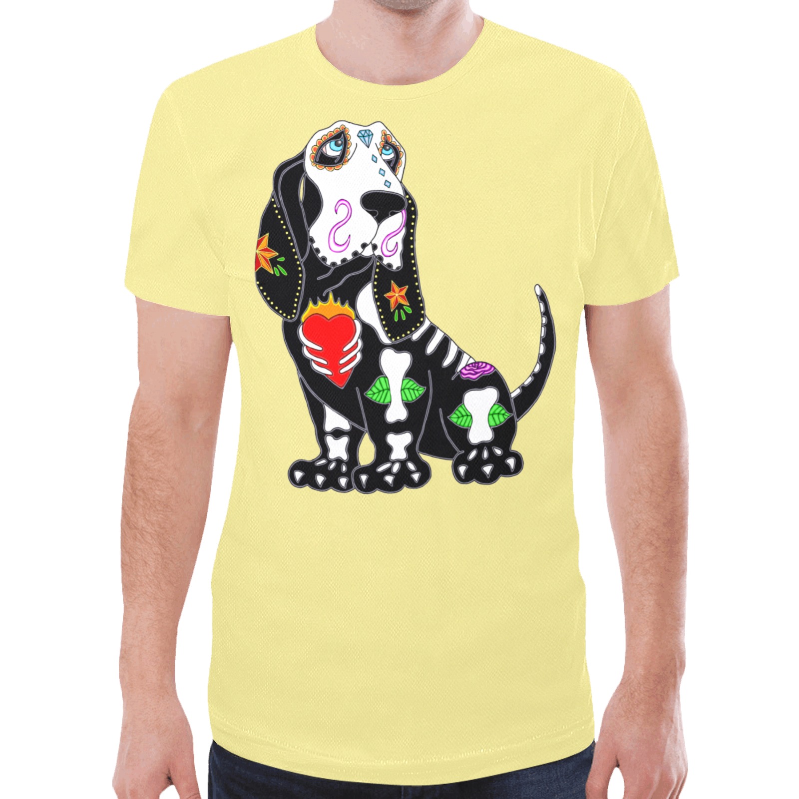 Basset Hound Sugar Skull Light Yellow New All Over Print T-shirt for Men (Model T45)